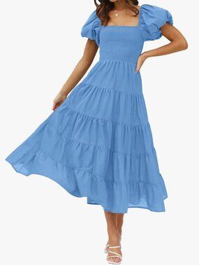 Women's Large Blue Square Neck Puff Sleeve Casual Midi Dress Baby Shower